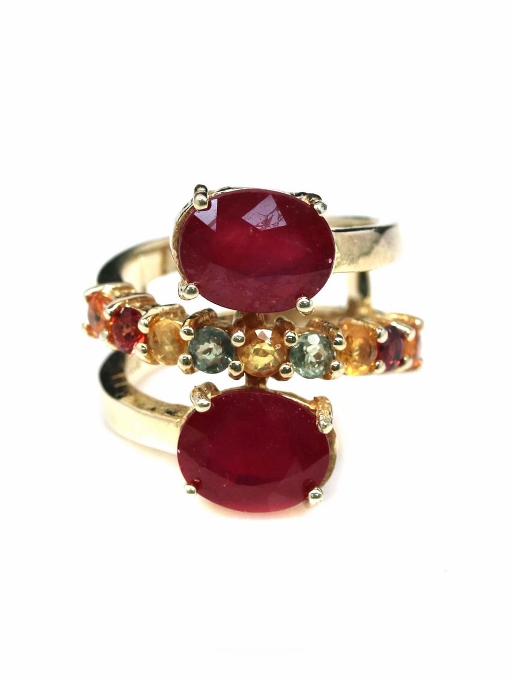 6.61CT Natural Bold Ruby & Sapphire Bypass Ring 18K Gold over 925 SS Size 6.25